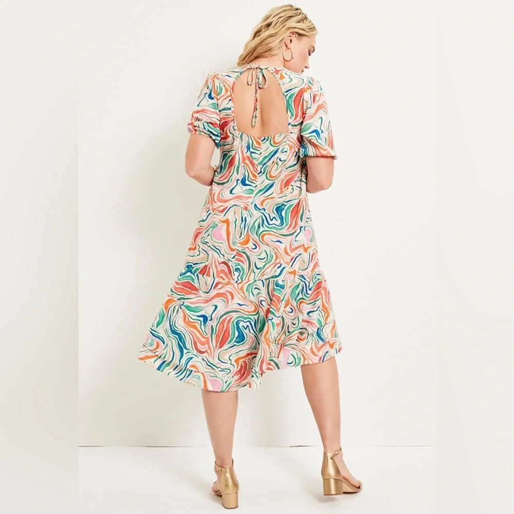 NWT June + Vie Printed Watercolor Marble Multicolor Hi-Low Ruffle Midi Dress - Picture 2 of 11